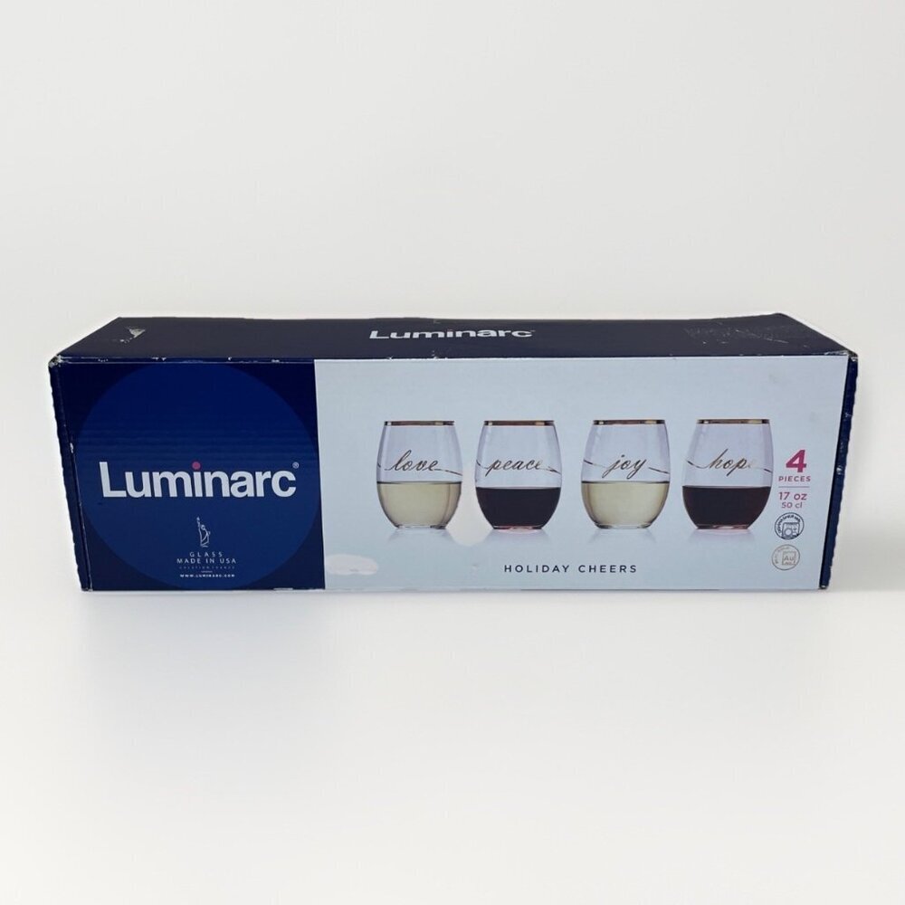 Luminarc Holiday Stemless Wine Glasses Christmas Love Peace Joy Hope Gold Trim